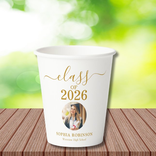 Vasos De Papel Grad Photo Class of 2026 Gold Script Graduation  (Subido por el creador)