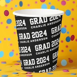 Vasos De Papel Grad year 2024 nombre de graduado blanco negro