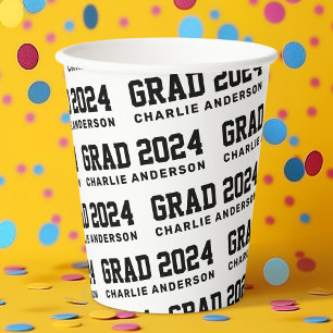 Vasos De Papel Grad year 2024 nombre de graduado blanco negro