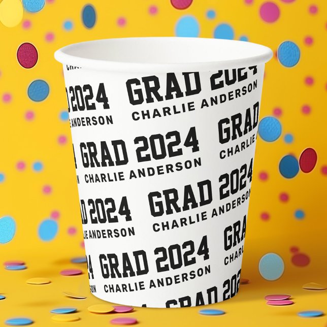 Vasos De Papel Grad year 2024 nombre de graduado blanco negro (Grad year 2024 graduate name black white paper cups)