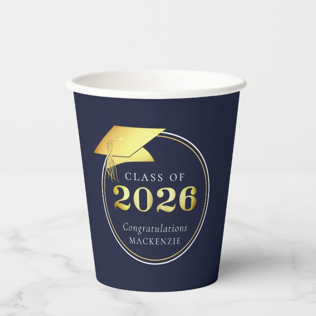 Vasos De Papel Graduación 2025 Azul Marino Metálico Dorado (Anverso)