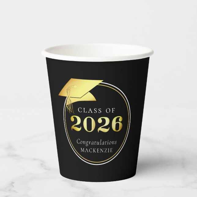 Vasos De Papel Graduación 2025 Black Faux Metallic Gold (Anverso)