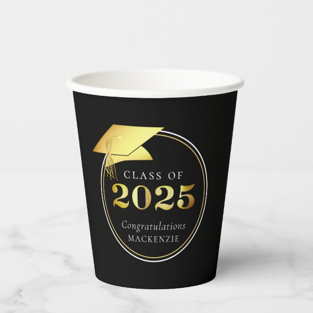 Vasos De Papel Graduación 2025 Black Faux Metallic Gold (Anverso)