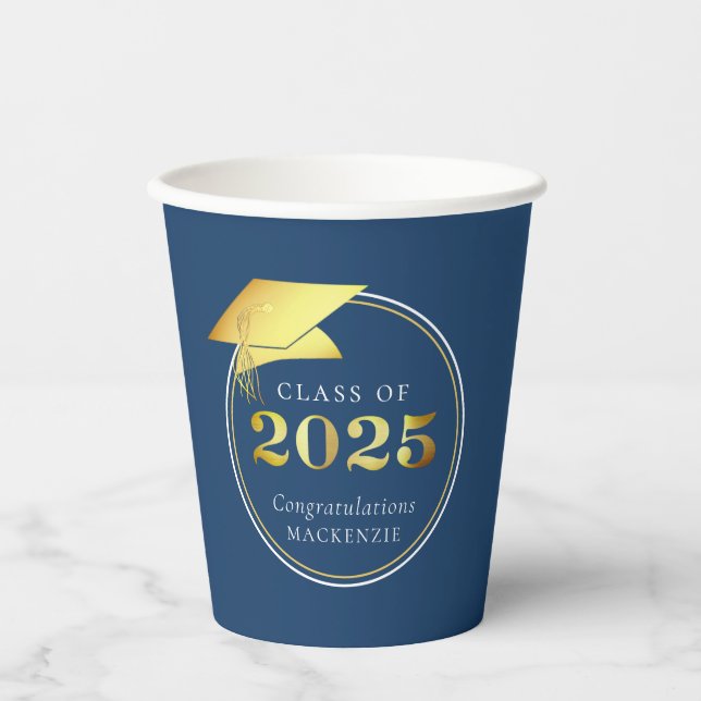 Vasos De Papel Graduación 2025 Faux Metallic Gold Blue (Anverso)