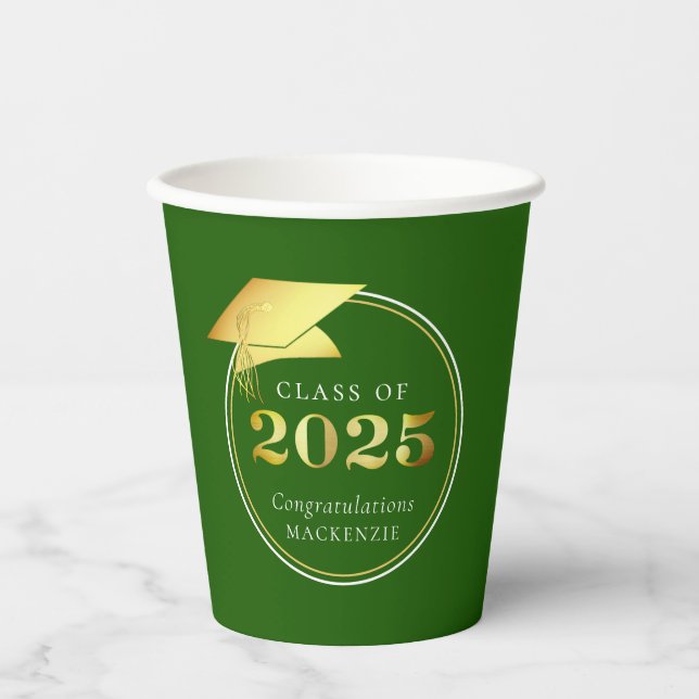 Vasos De Papel Graduación 2025 Faux Metallic Gold Green (Anverso)