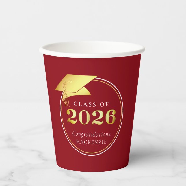 Vasos De Papel Graduación 2025 Faux Metallic Gold Red (Anverso)