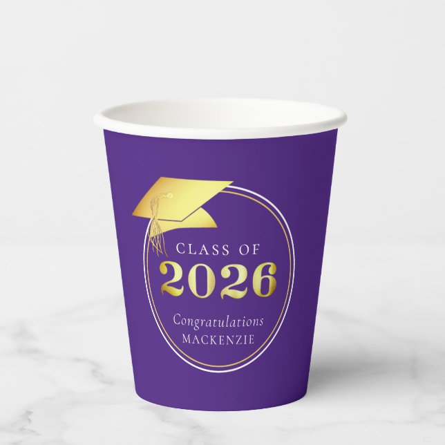 Vasos De Papel Graduación 2025 Oro Metálico Faux Púrpura (Anverso)
