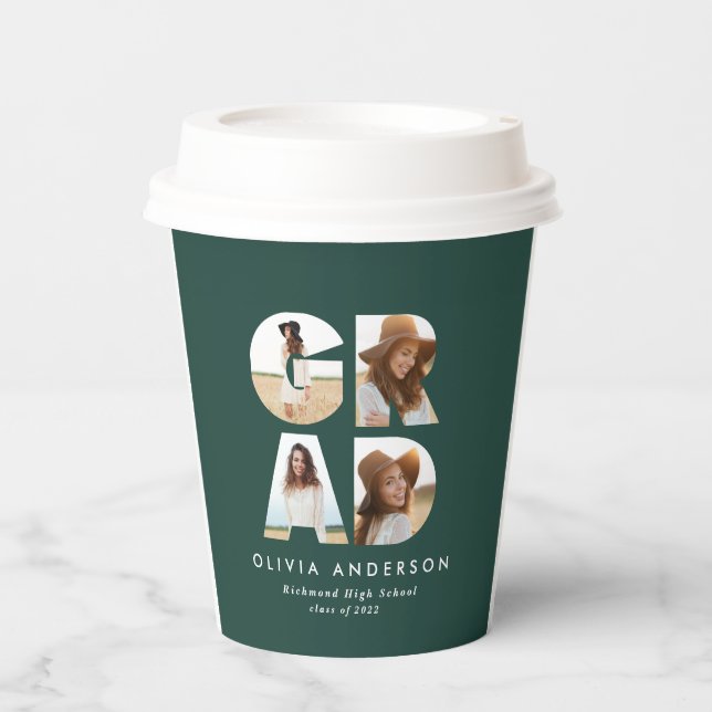 Vasos De Papel Graduación 4 foto moderna verde personalizado (Anverso)