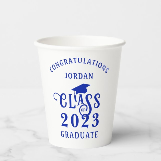 Vasos De Papel Graduación Clase Azul Real Año Congratos Nombre (Anverso)