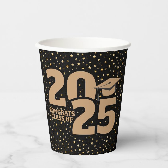 Vasos De Papel Graduación de Black and Gold Stars 2025 (Anverso)