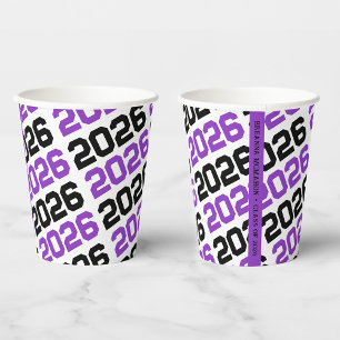 Vasos De Papel Graduación de Clase Año Púrpura, Blanco y Negro