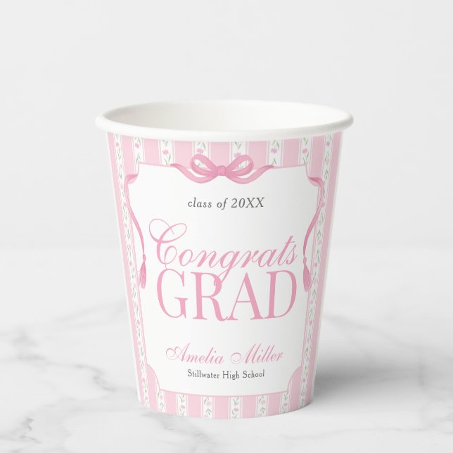Vasos De Papel Graduación de Floral Rosa (Anverso)