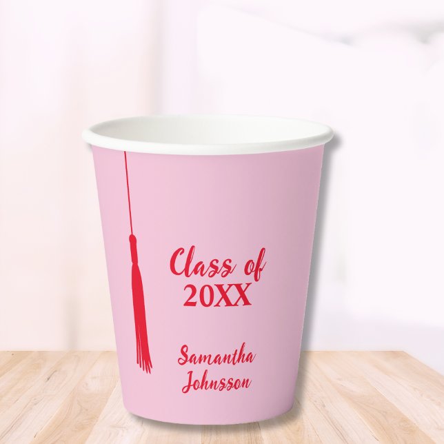 Vasos De Papel Graduación de Graduación de Grado de Tassel Negrit (Bold Pink & Red 2024 Grad Tassel Graduation Paper Cups)
