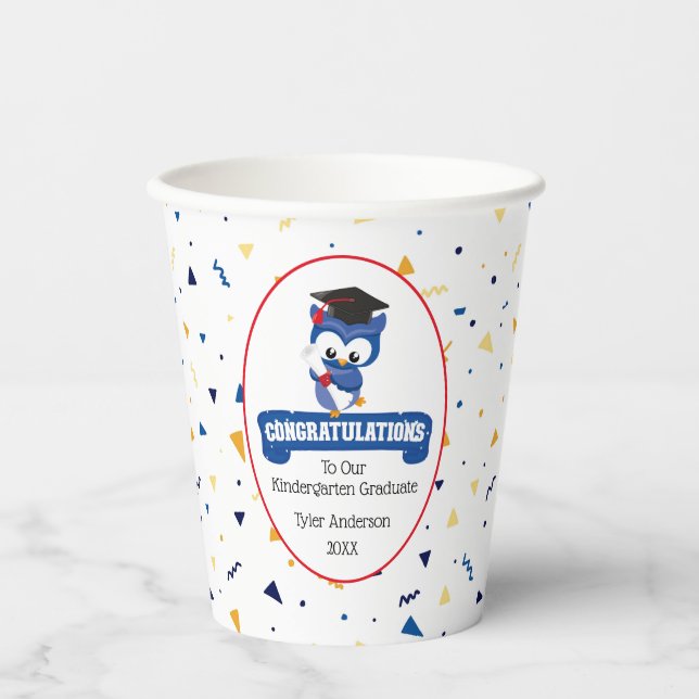 Vasos De Papel Graduación de jardín de infancia de búho azul 8oz  (Anverso)