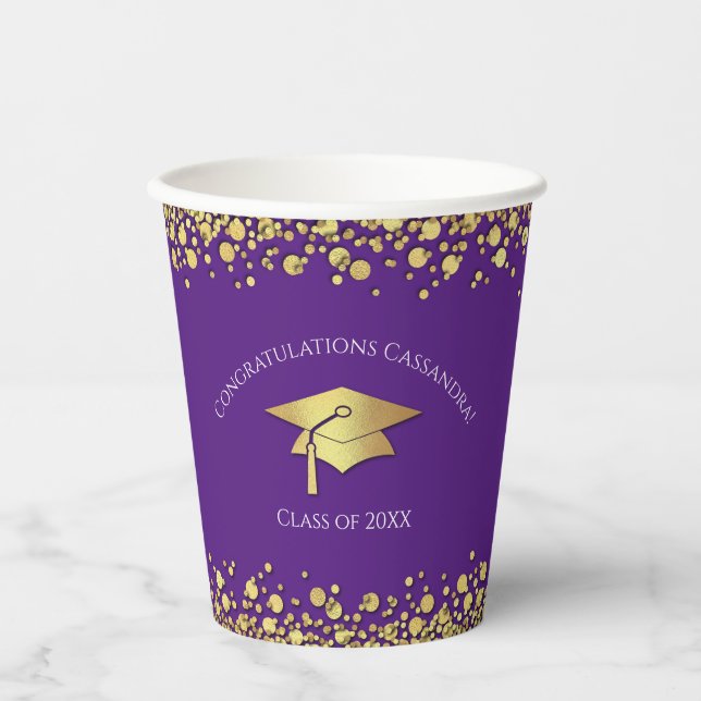 Vasos De Papel Graduación de Morado y Dorado (Anverso)