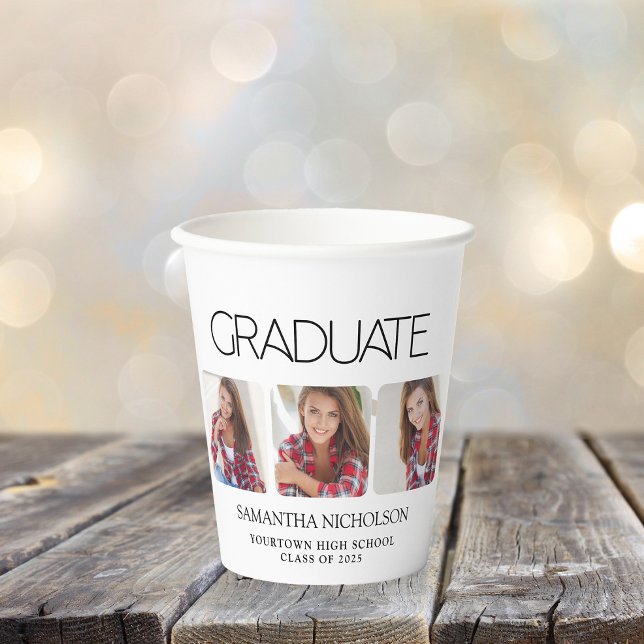 Vasos De Papel Graduación moderna de 3 fotos en Sleek (Graduation 3-photo paper cup)