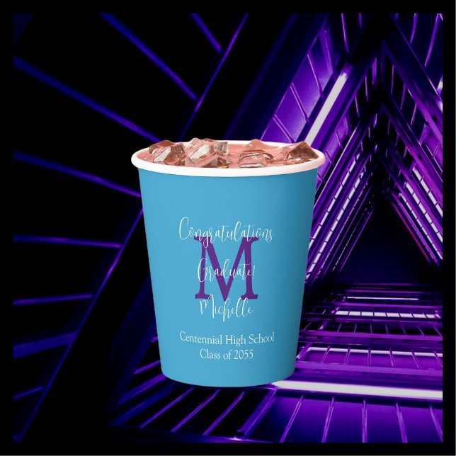Vasos De Papel Graduación Nombre de la Parte Morado Monograma Azu (Subido por el creador)