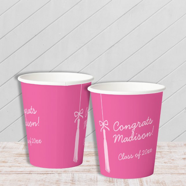 Vasos De Papel Graduación Rosa 2025 de Tassel Bow Grad moda (Chic Grad Tassel Bow Pink 2025 Graduation Paper Cups)