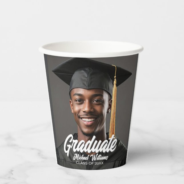 Vasos De Papel Graduate Photo w Bold Script Graduation Party (Anverso)