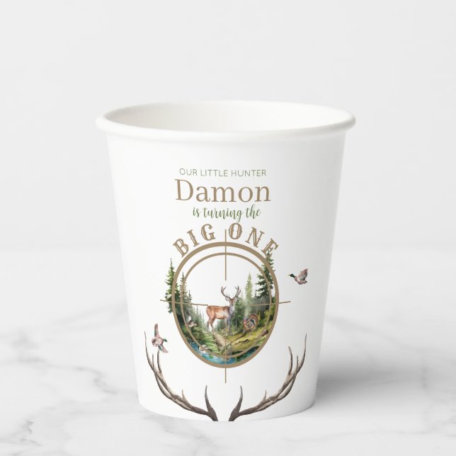 Vasos De Papel Gran Cumpleaños de Caza del Primero (Anverso)