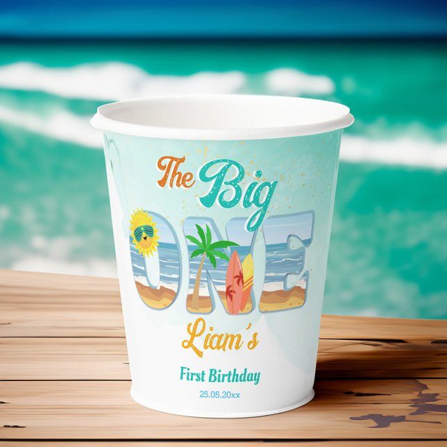 Vasos De Papel Gran One surf playa de verano vajilla de cumpleaño (Big One surfing beach summer birthday party personalized tableware monogram printed Paper Cups)