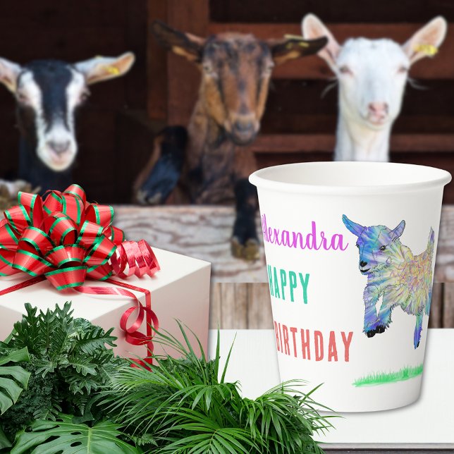 Vasos De Papel Granja de cabra de maíz dulce añada nombre fiesta  (Cute goat jumping colorful farm animal art personalized birthday party paper cup)