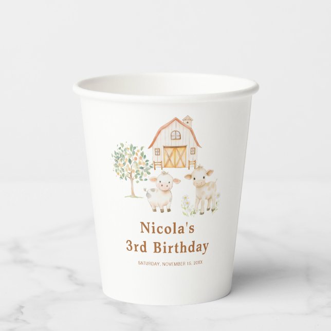 Vasos De Papel Granja de cumpleaños de vacas lindas (Reverso )