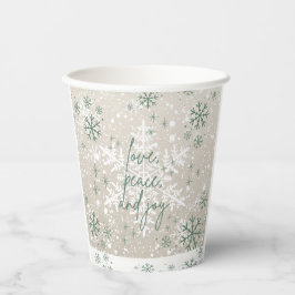Vasos De Papel Green Beige Snowflakes Love Peace Joy Holiday