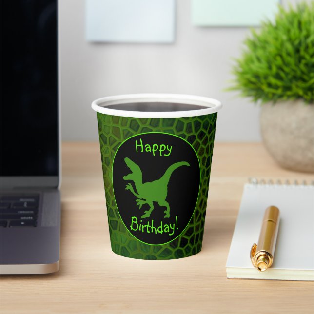 Vasos De Papel Green Dinosaur Hide Happy Birthday!  (in situ)