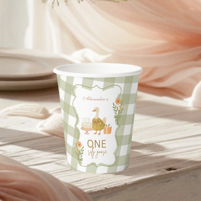 Vasos De Papel  Green Gingham Silly Goose 1st Birthday (Subido por el creador)