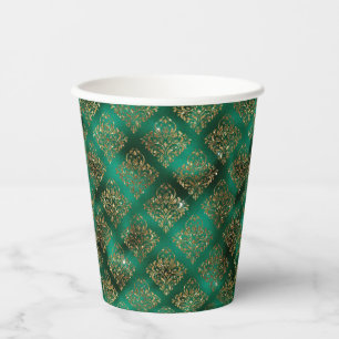 Vasos De Papel Green Gold Metallic Damask Elegant