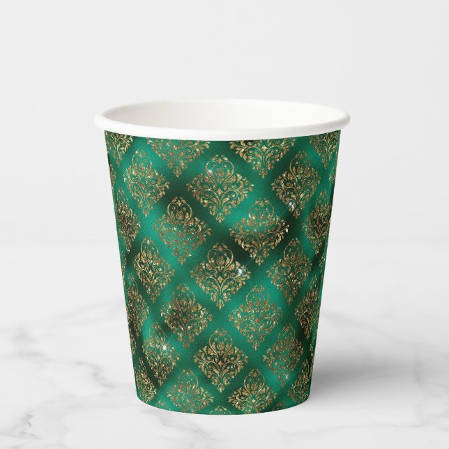 Vasos De Papel Green Gold Metallic Damask Elegant (Anverso)