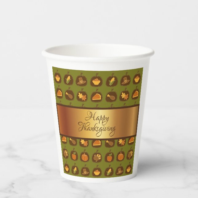Vasos De Papel Green Turkey & Pumpkin Shiney Gold Thankending (Anverso)