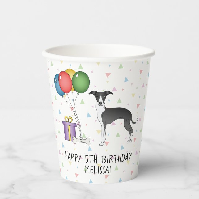 Vasos De Papel Greyhound italiano blanco y negro - Feliz cumpleañ (Anverso)