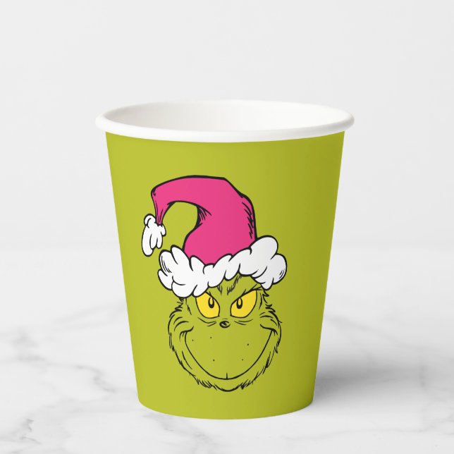 Vasos De Papel Grinch con sombrero rosa de Santa (Anverso)