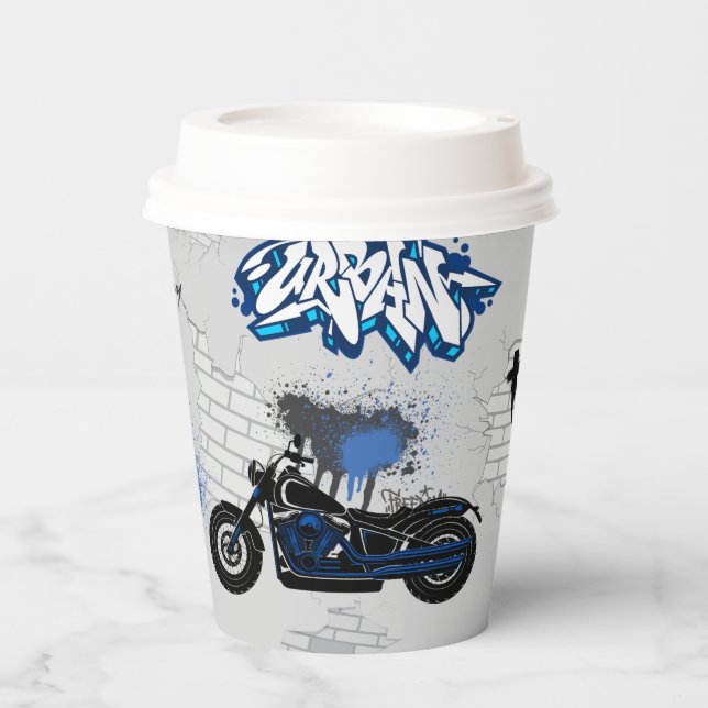 Vasos De Papel Gris de moto negro y azul (Anverso)