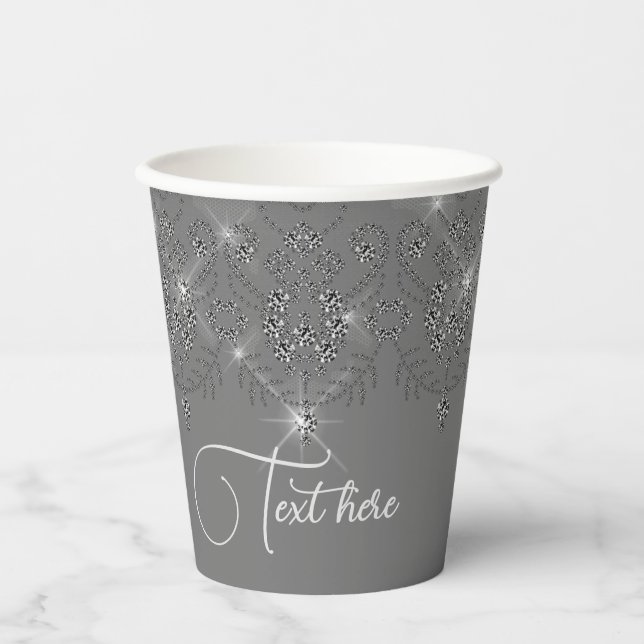 Vasos De Papel Gris y plateado encaje elegante diamante brillante (Anverso)