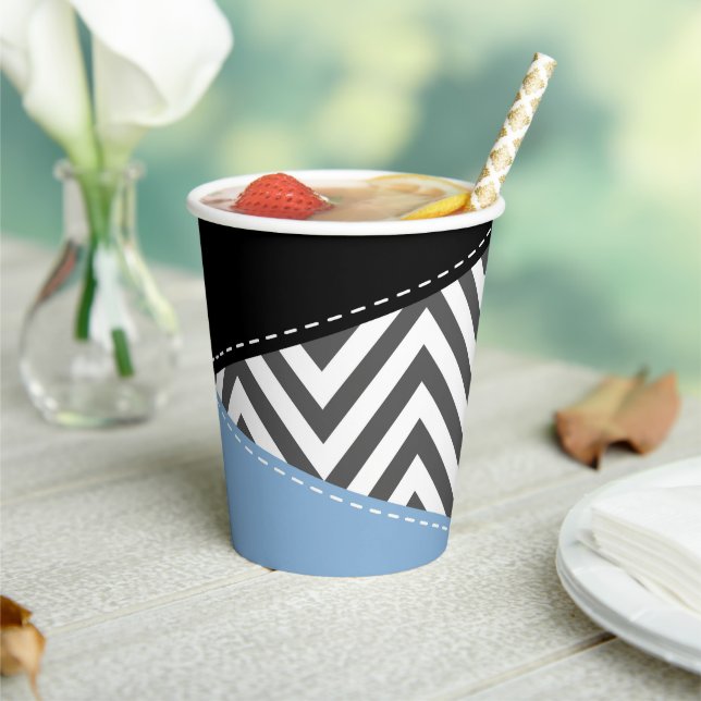 Vasos De Papel Gris Zigzag, Gris Chevron, Zigzag Pattern, Azul (in situ)