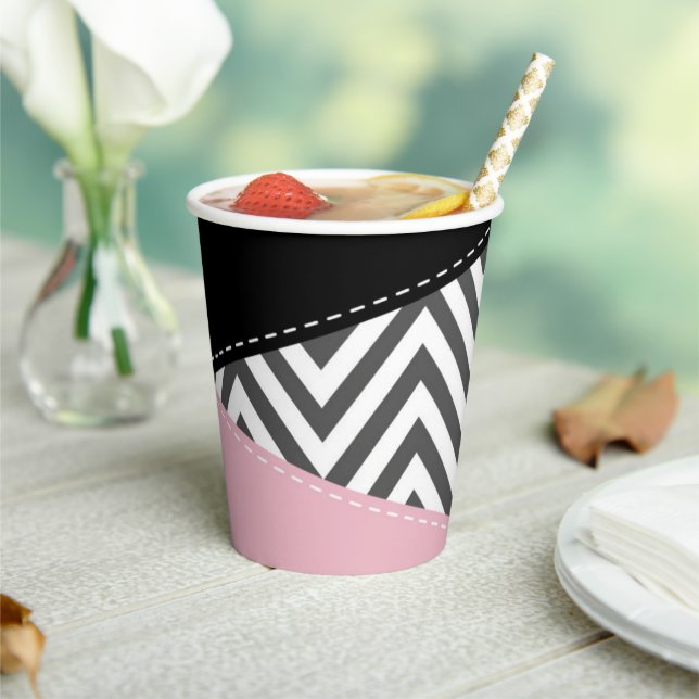 Vasos De Papel Gris Zigzag, Gris Chevron, Zigzag Pattern, Rosa (in situ)
