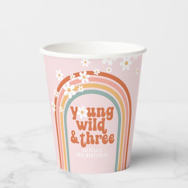 Vasos De Papel Groovy daisy arcoiris hippie 3cumpleaños (Anverso)