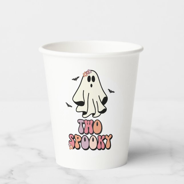 Vasos De Papel groovy Ghost retro Halloween Dos cumpleaños espelu (Anverso)