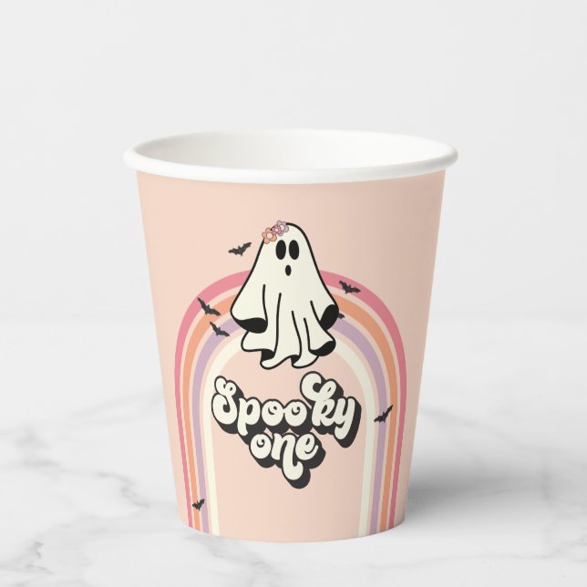 Vasos De Papel groovy Ghost retro Halloween Spooky Un cumpleaños (Anverso)