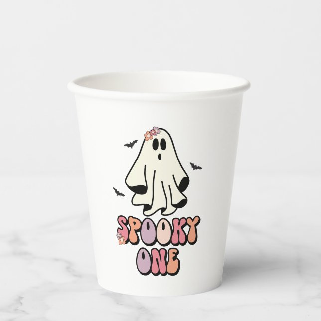 Vasos De Papel groovy Ghost retro Halloween Spooky Un cumpleaños (Anverso)