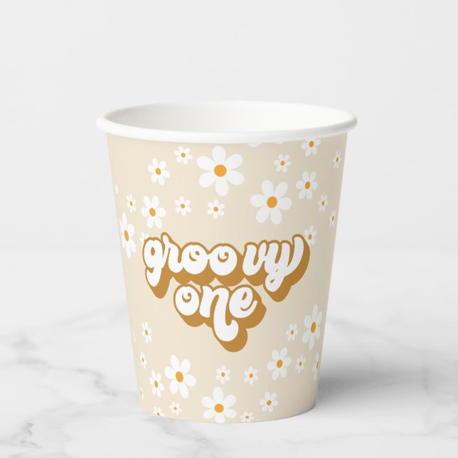 Vasos De Papel Groovy One Retro Daisy Primer Cumpleaños (Anverso)