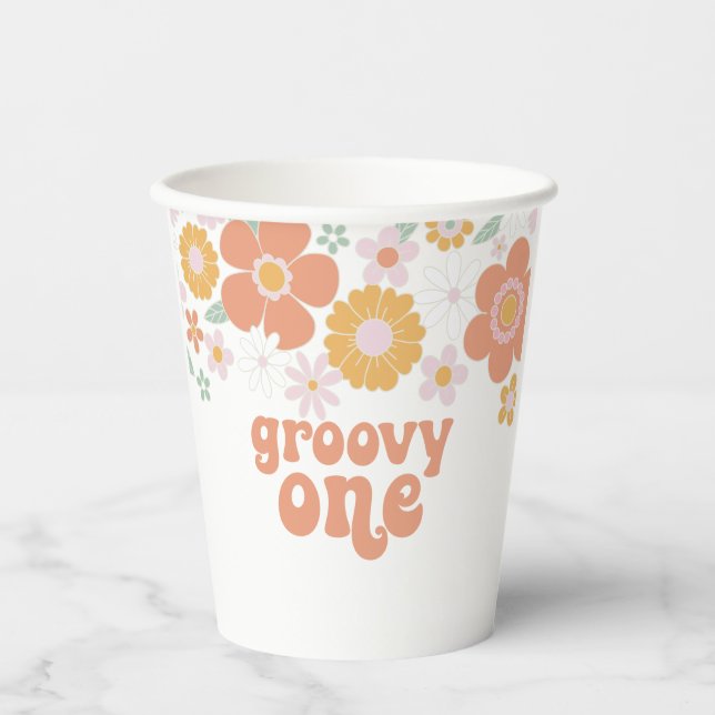 Vasos de papel Groovy One Retro Floral para primer (Anverso)