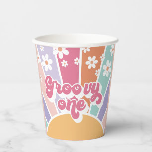 Vasos De Papel Groovy One Retro Sunshine Rainbow Daisy