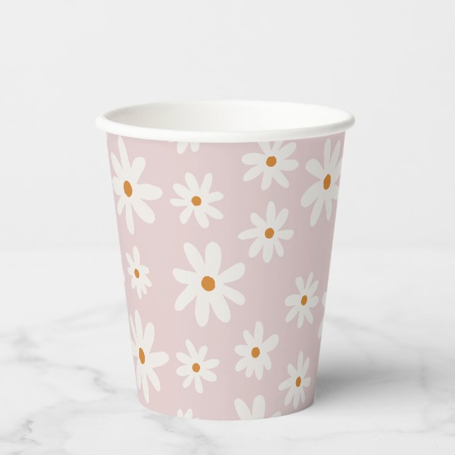 Vasos De Papel Groovy Retro Rubor Pink Daisy (Anverso)