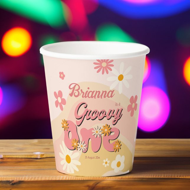 Vasos De Papel Groovy un retro daisy 1er cumpleaños impreso (Groovy one retro daisy first birthday printed paper cups personalized party table decor)