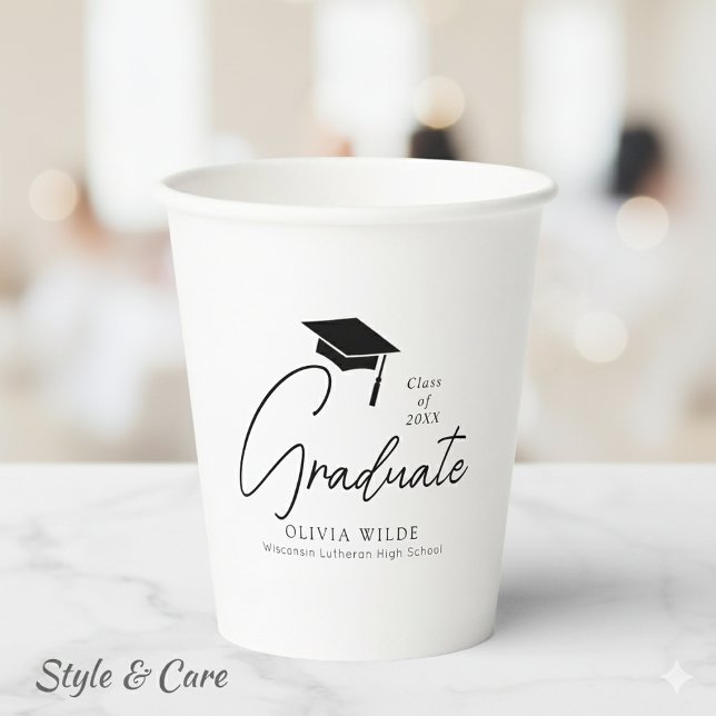 Vasos De Papel Guión de personalizable Graduación en blanco y neg (Customizable Script Black & White Graduation 8oz Paper Cups)