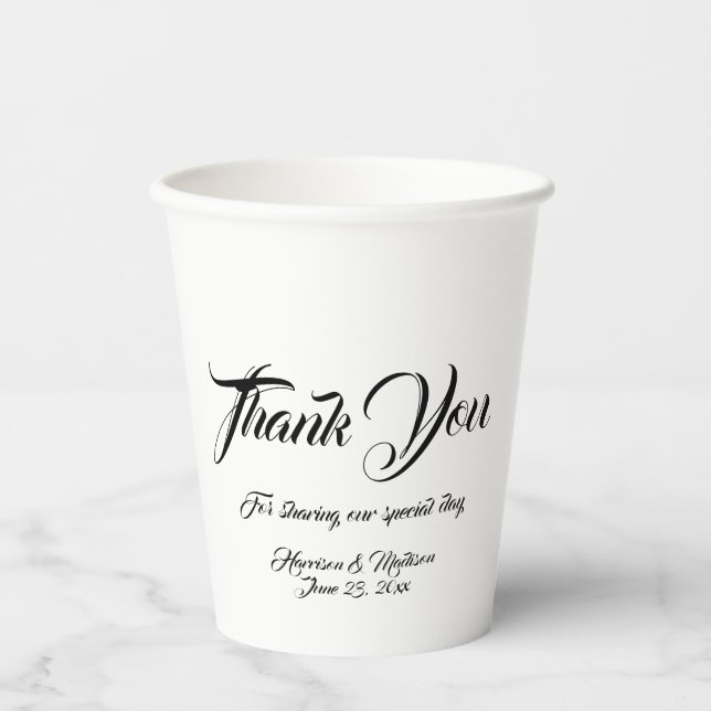 Vasos De Papel Guión personalizado negro y blanco gracias Boda (Anverso)